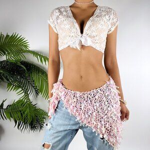 Vintage Pastel Pink Crochet Cottagecore Coquette Barbiecore Scarf Fringe Shawl